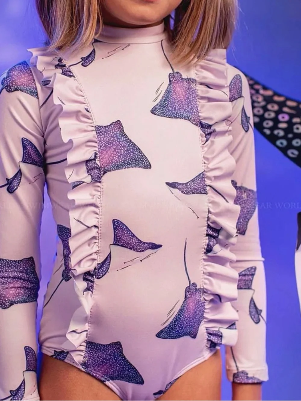Pepita & me.   Kids Long Sleeve Swim One-Piece in Light Purple with Ray Print